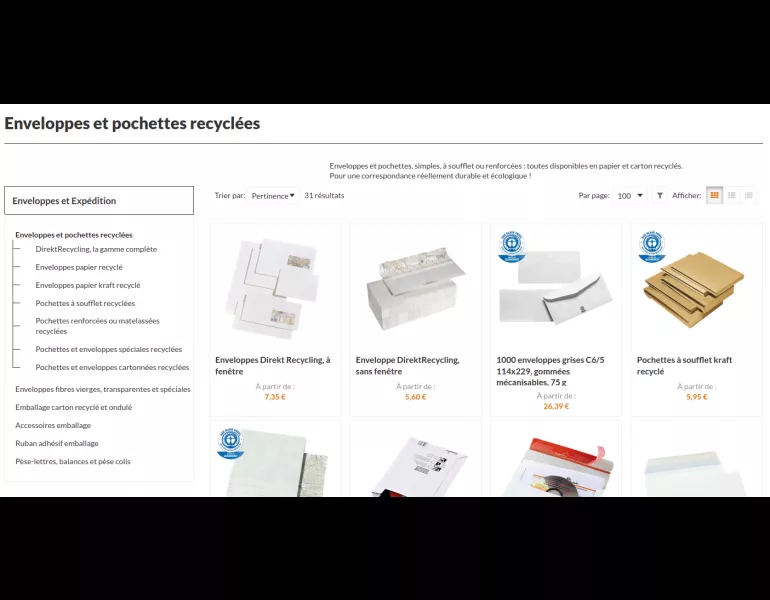 Capture d'écran d'une page de catalogue Ecoburo