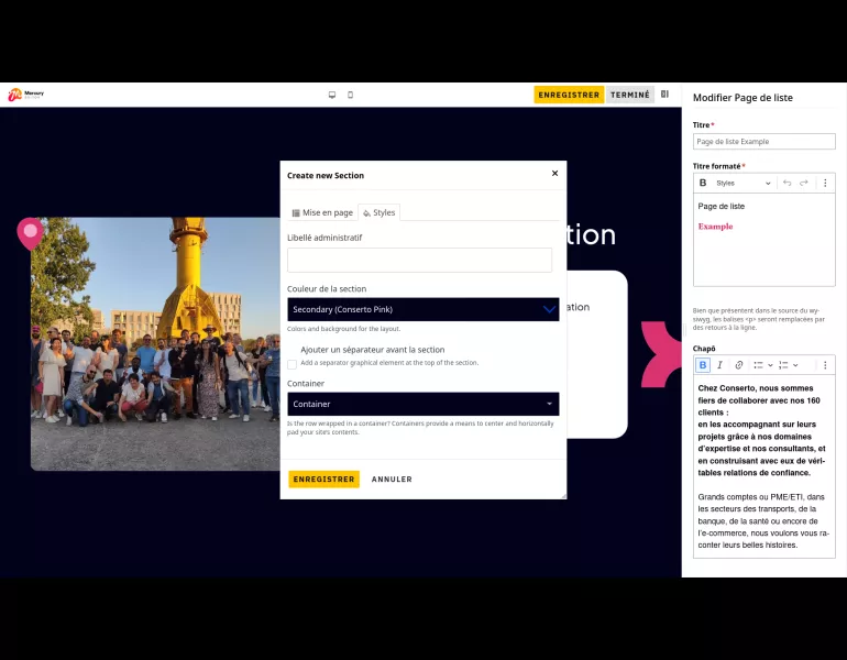 Modal de choix des styles de section